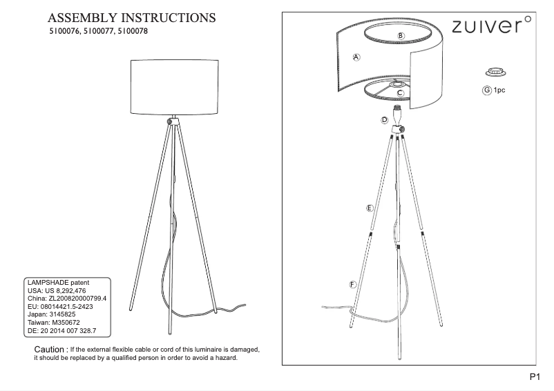 Page 1 de la notice Manuel utilisateur Zuiver Lesley
