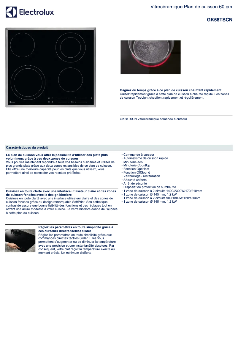 Page 1 de la notice Fiche technique Electrolux GK58TSCN