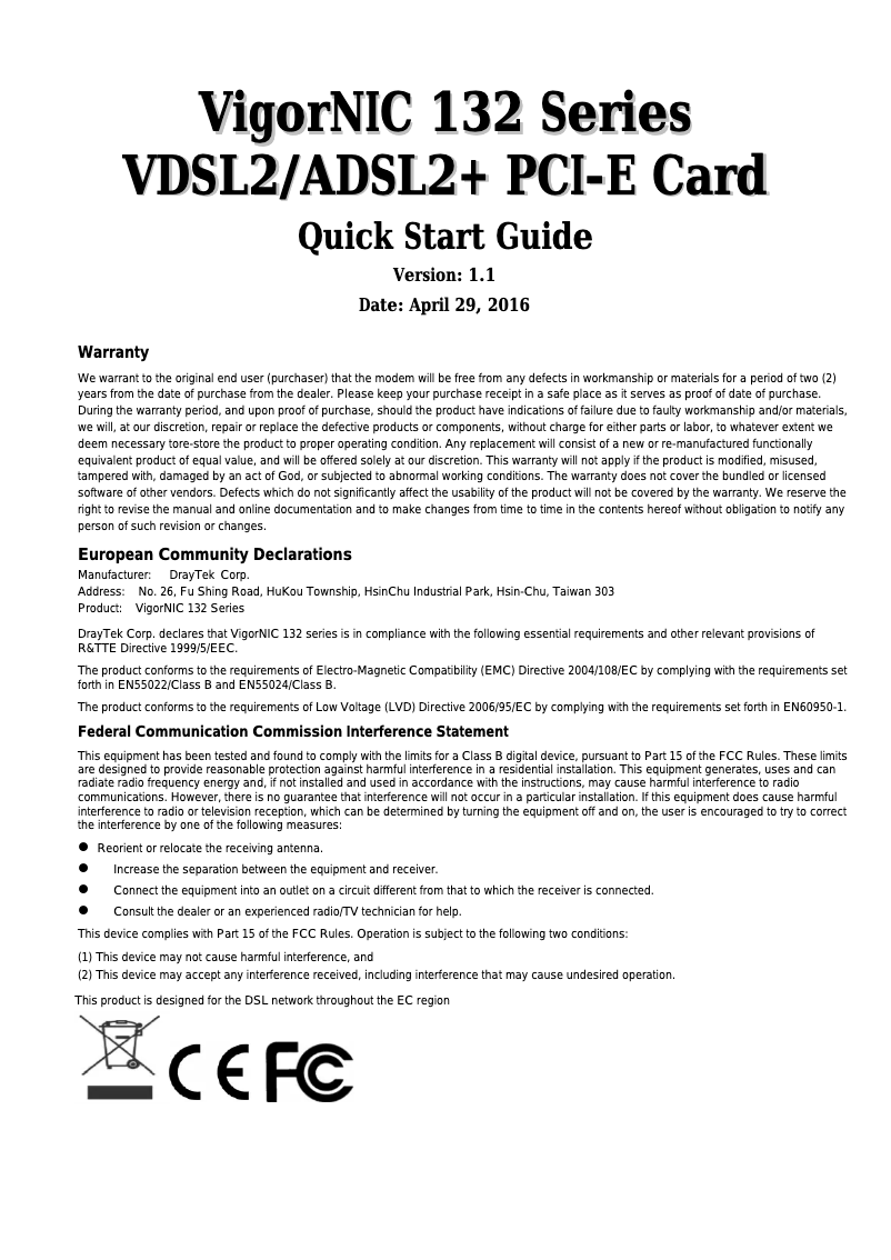 Page 1 de la notice Manuel utilisateur Draytek VigorNIC 132