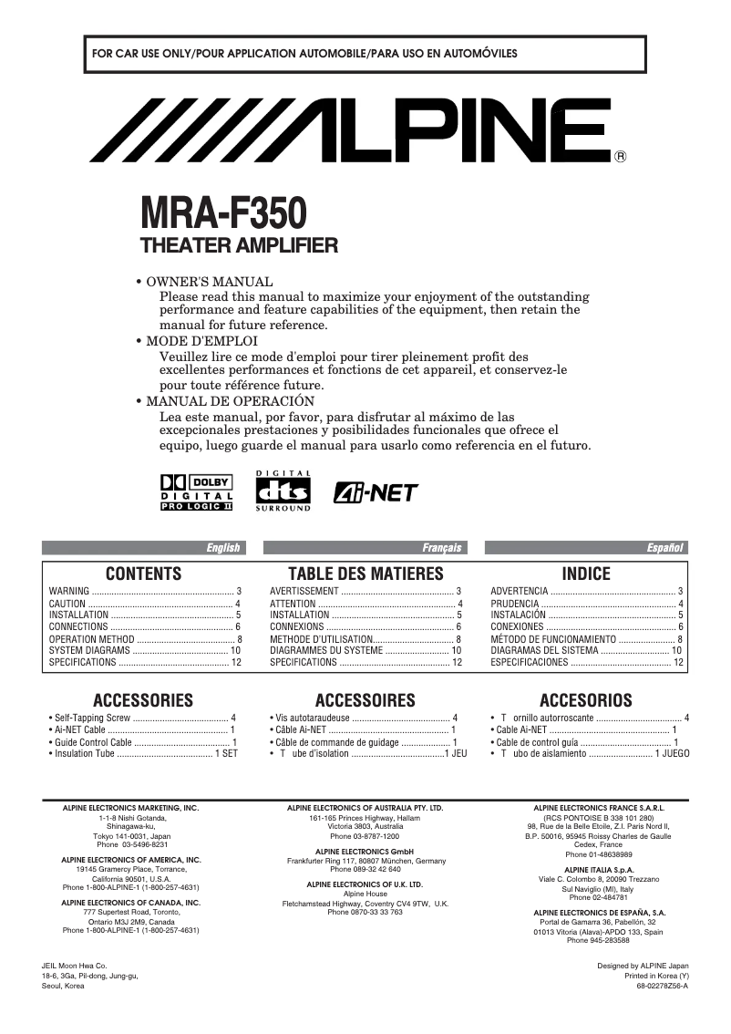 Page 1 de la notice Manuel utilisateur Alpine MRA-F350