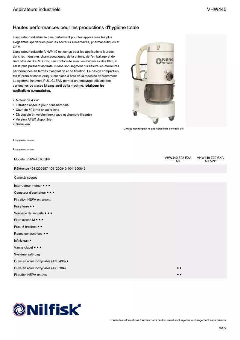 Page 1 of the manual Technical Sheet Nilfisk VHW440