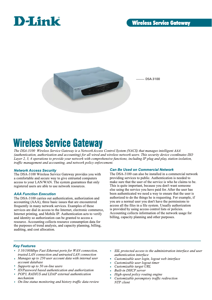 Page 1 de la notice Fiche technique D-Link DSA-3100
