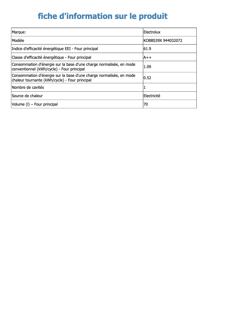 Página 1 del manual Ficha técnica Electrolux KOBBS39X