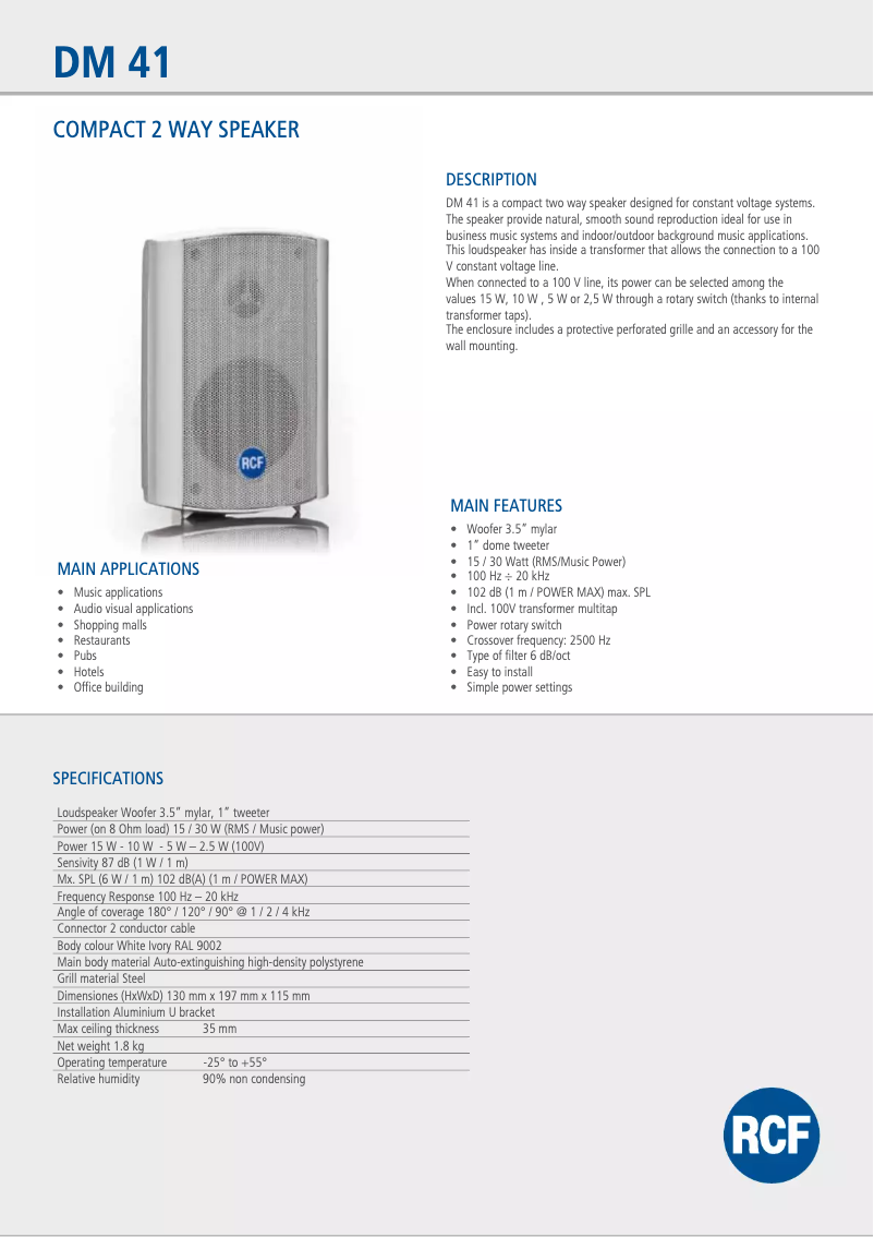 Page 1 de la notice Fiche technique RCF DM 41