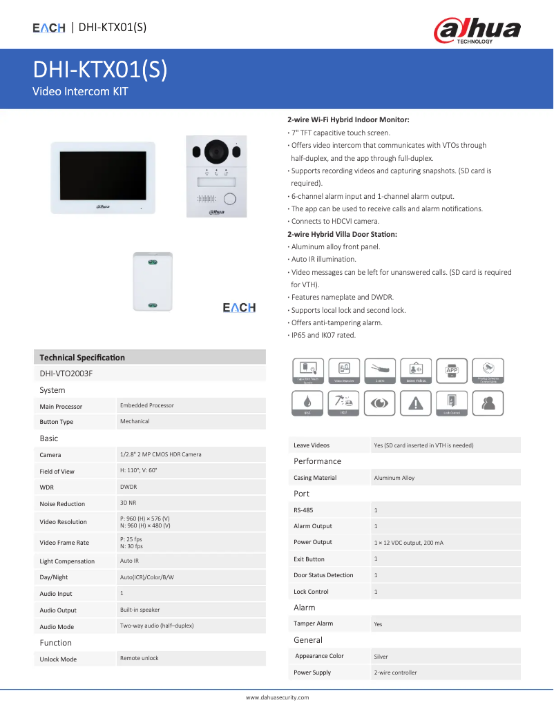 Page n°1 - Fiche technique Dahua Technology KTX01