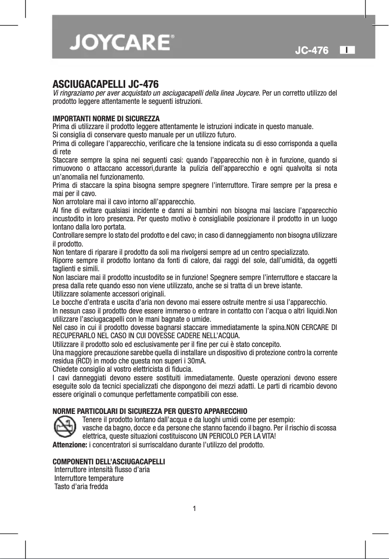 Page 1 de la notice Manuel utilisateur Joycare JC-476 W