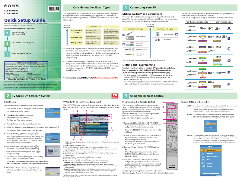 Page 1 de la notice Guide d'installation Sony KDS-R60XBR2