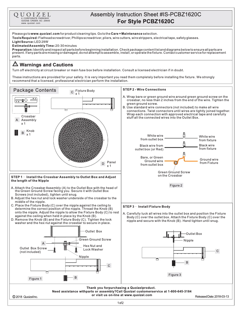 Page n°1 - Manuel utilisateur Quoizel Blaze PCBZ1620C