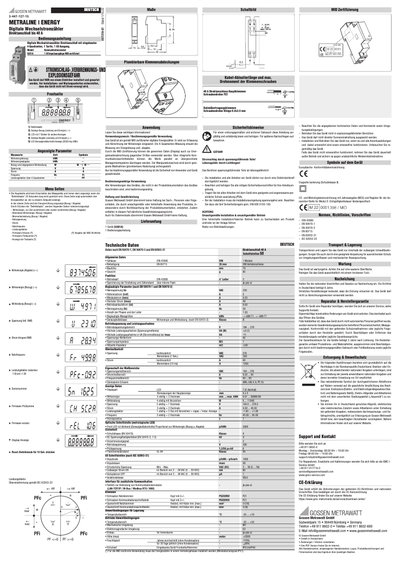 Page 1 de la notice Manuel utilisateur Gossen Metrawatt METRALINE ENERGY U281