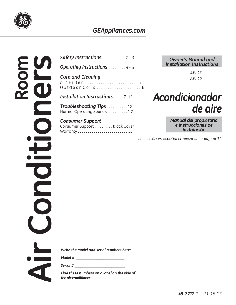 Page 1 de la notice Manuel d'utilisation et d'entretien GE AEL10AV