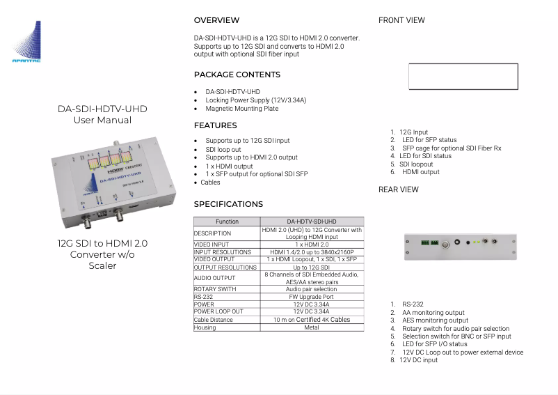 Page n°1 - Manuel utilisateur Apantac DA-SDI-HDTV-UHD