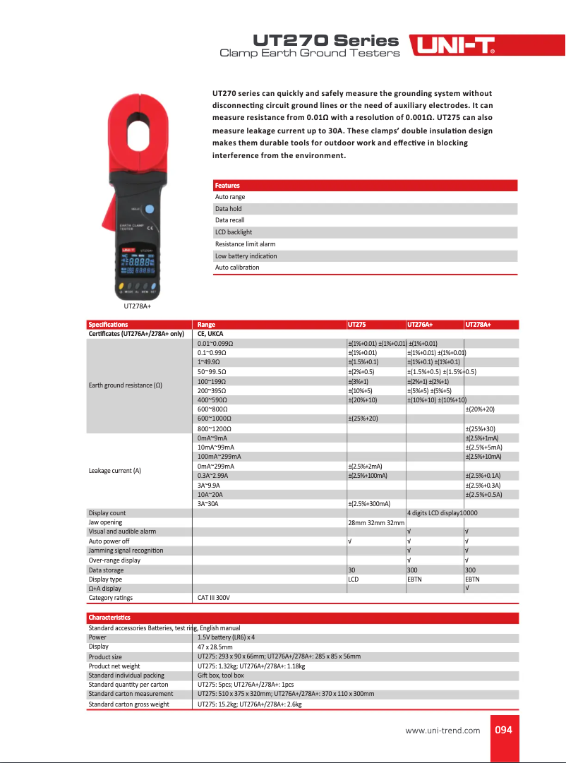 Page 1 de la notice Fiche technique Uni-T UT278A+