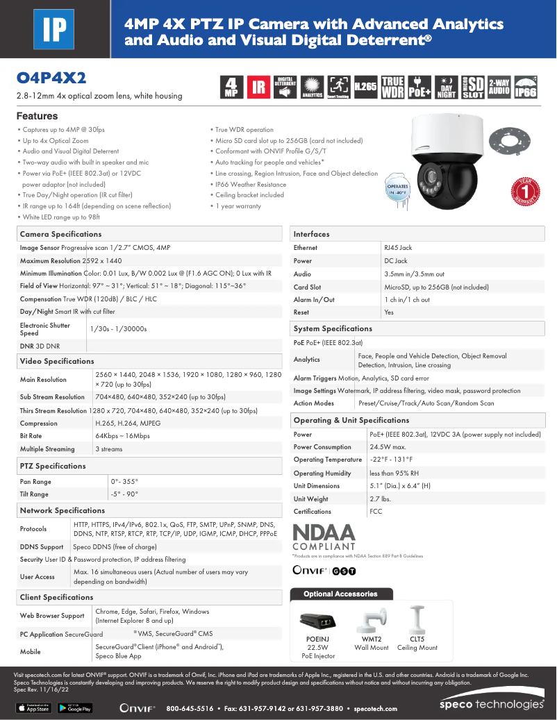 Page 1 de la notice Fiche technique Speco Technologies O4P4X2