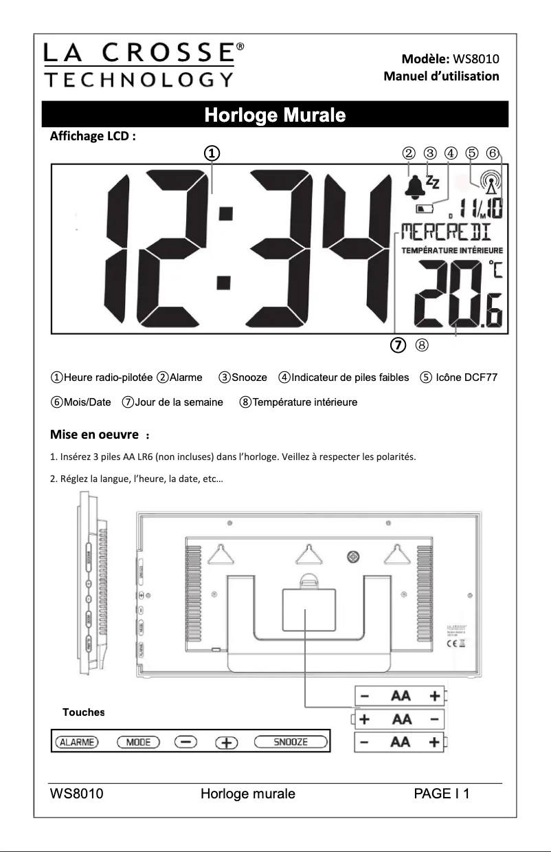 Page 1 de la notice Manuel utilisateur La Crosse Technology WS8010