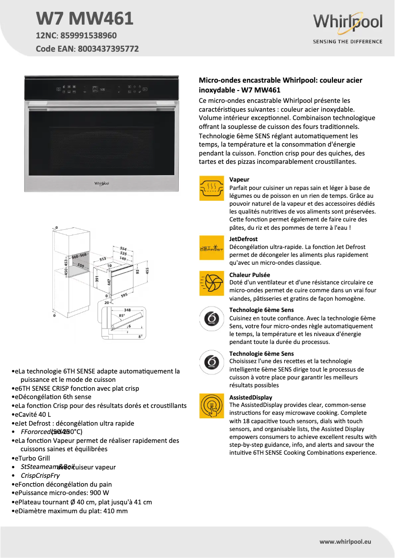 Page n°1 - Fiche technique Whirlpool W7 MW461