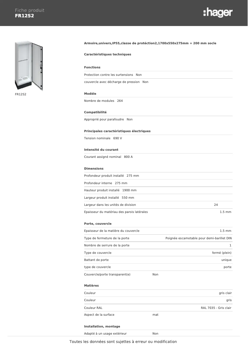 Page 1 de la notice Fiche technique Hager FR12S2