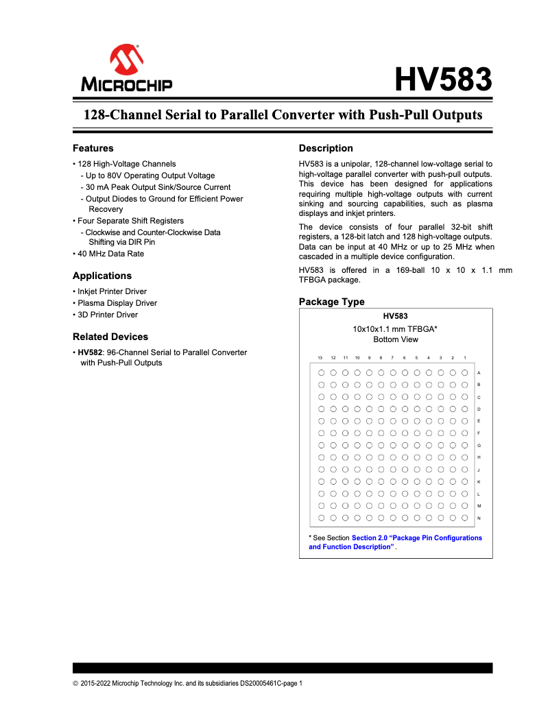Page 1 de la notice Fiche technique Microchip HV583