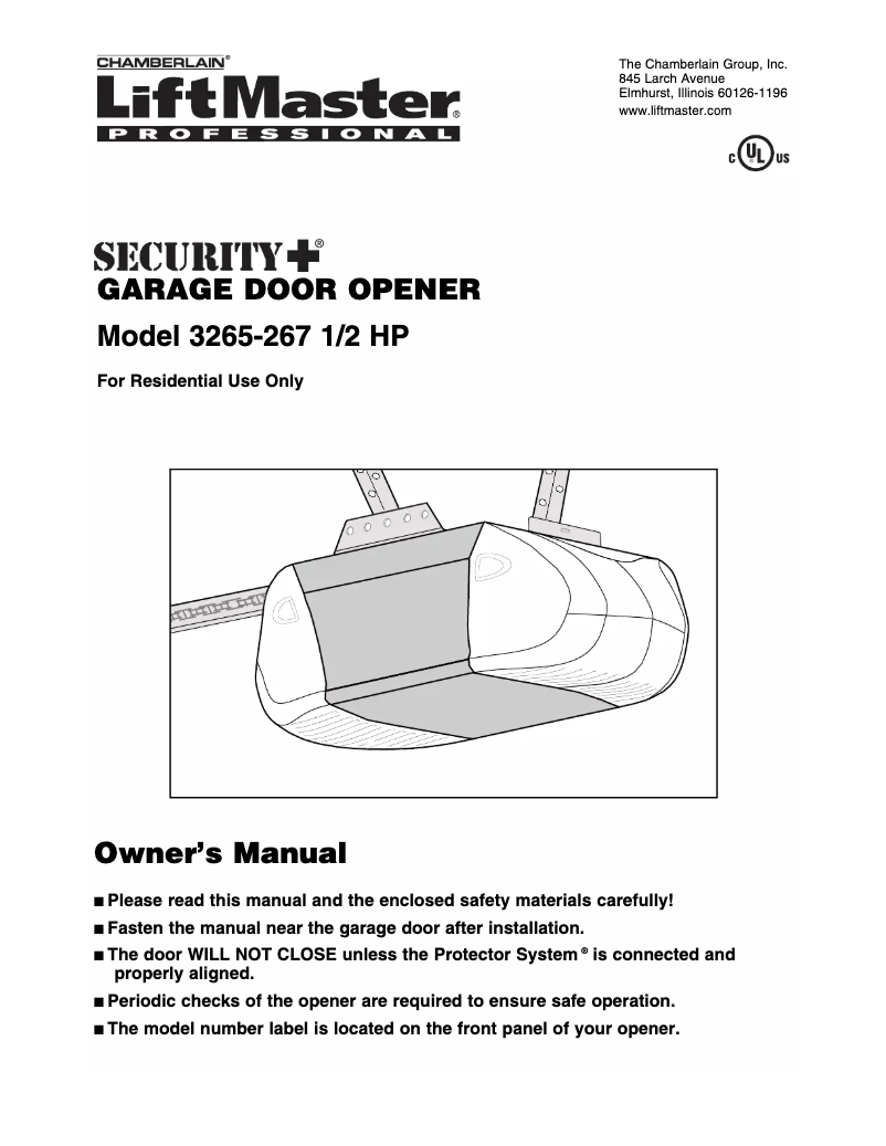 Page n°1 - Manuel utilisateur Chamberlain Liftmaster 3265-267