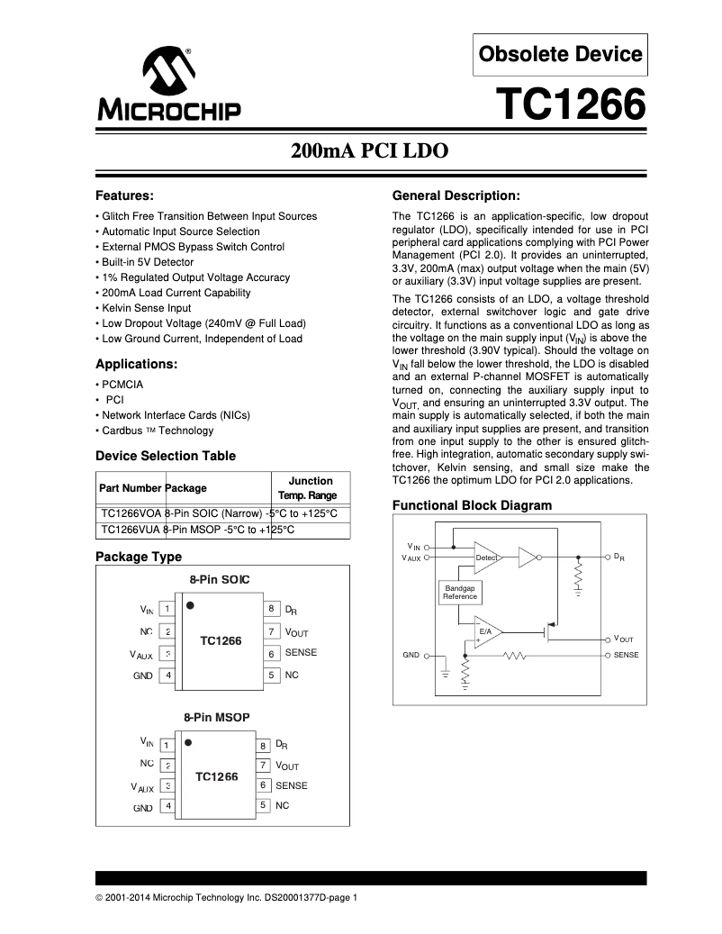 Page 1 de la notice Fiche technique Microchip TC1266