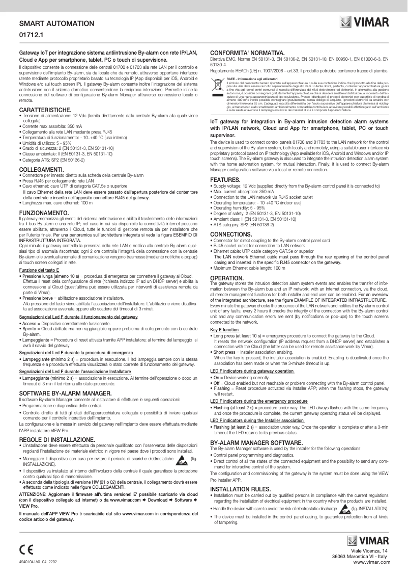 Page 1 de la notice Instructions / montage Vimar 01712.1