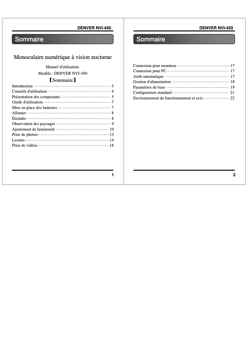 Page n°1 - Manuel utilisateur Denver NVI-450