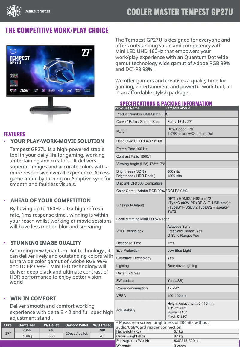 Page n°1 - Fiche technique Cooler Master Tempest GP27U