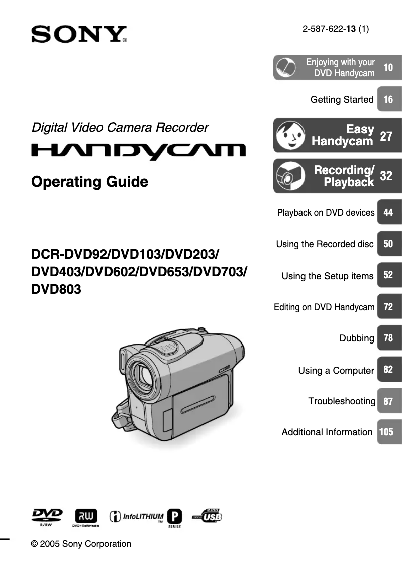 Page 1 de la notice Manuel utilisateur Sony Handycam DCR-DVD103