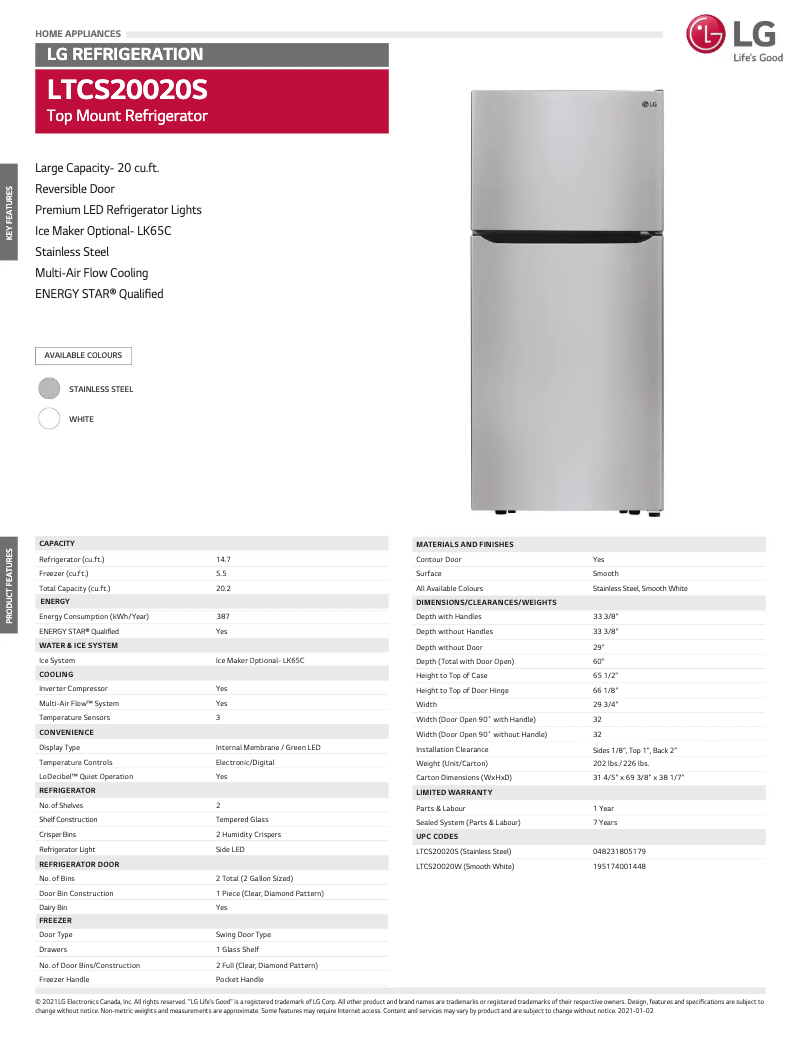 Page 1 de la notice Fiche technique LG LTCS20020W