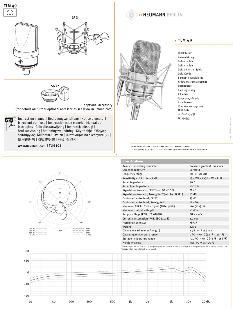 Page 1 de la notice Guide de démarrage rapide Neumann TLM 49