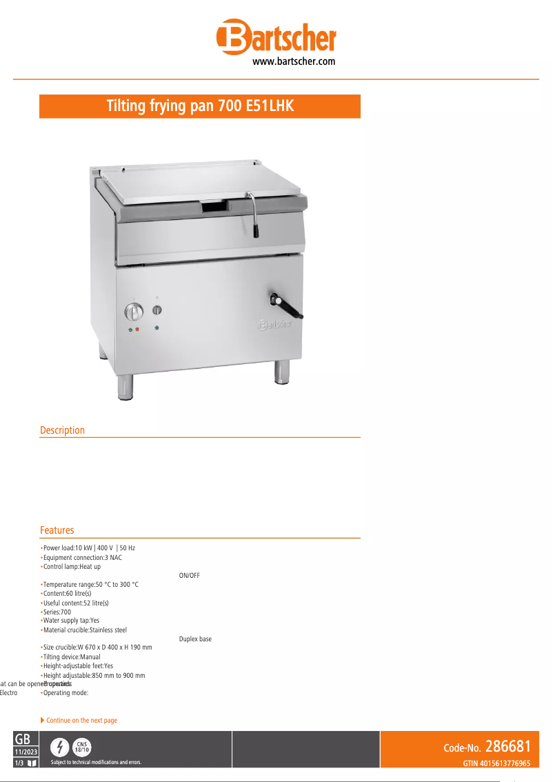 Page 1 de la notice Fiche technique Bartscher 700 E51LHK