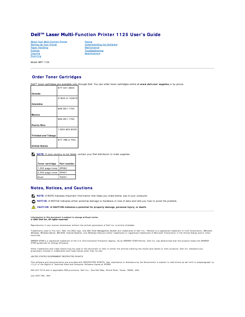 Page n°1 - Manuel utilisateur Dell 1125