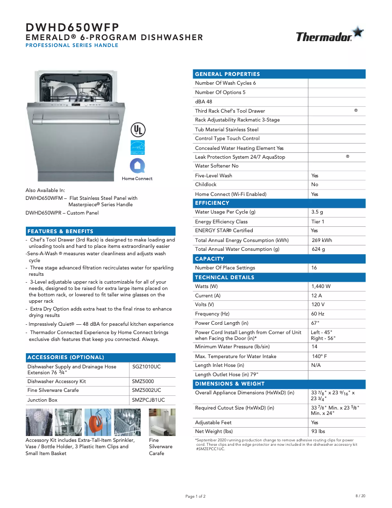 Page 1 de la notice Fiche technique Thermador DWHD650WFP