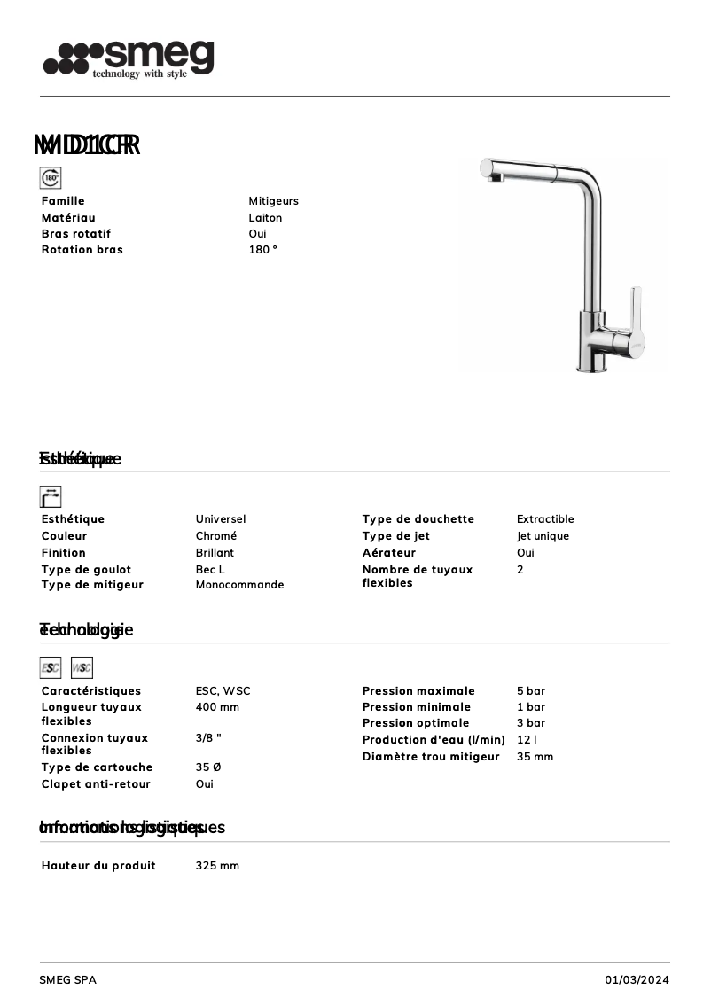 Page n°1 - Fiche technique Smeg MID1CR