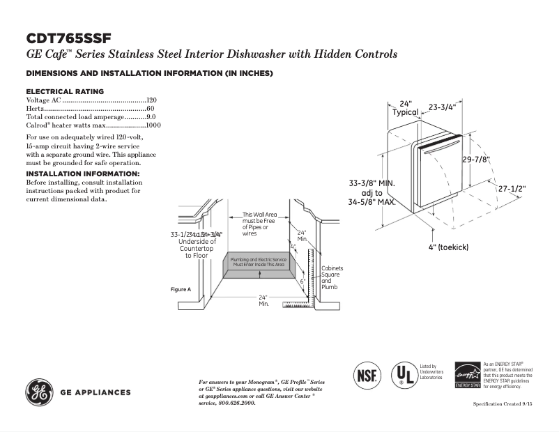 Page 1 of the manual Technical Sheet GE Café CDT765SSFSS