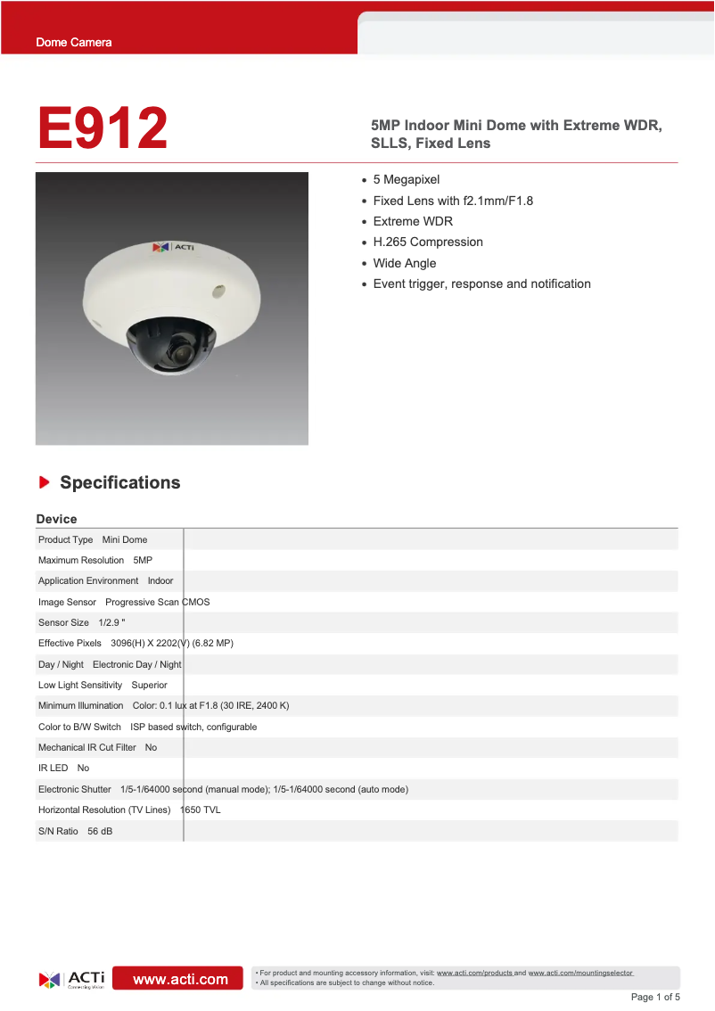 Page 1 de la notice Fiche technique ACTi E912