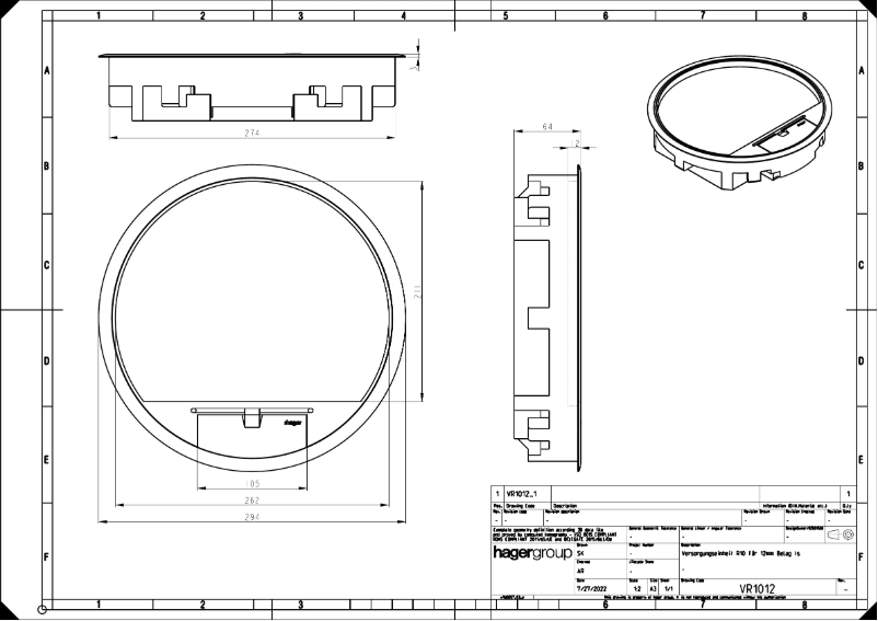 Page 1 de la notice Dessin technique Hager VR10129005