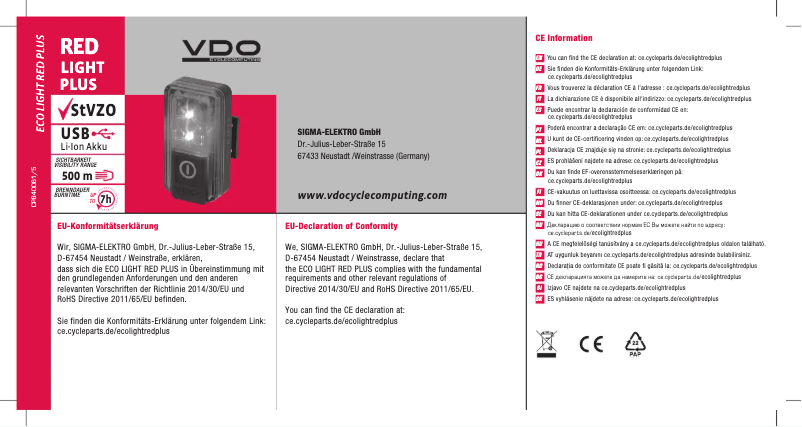 Page n°1 - Manuel utilisateur VDO RED PLUS