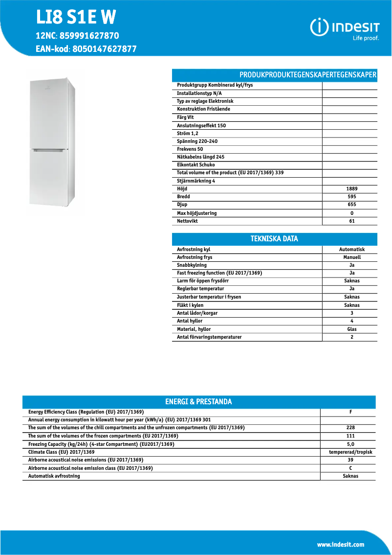 Page 1 de la notice Fiche technique Indesit LI8 S1E W