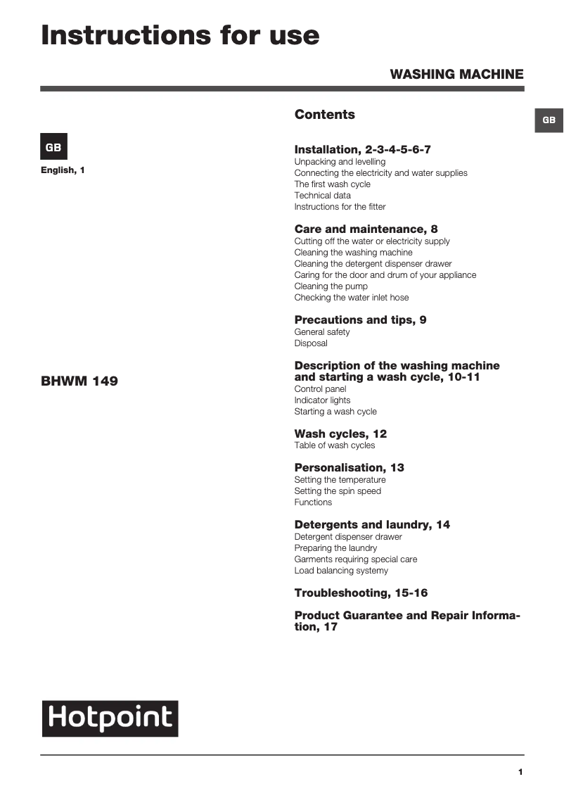 Image de la première page du manuel de l'appareil BHWM 149 (UK)/2