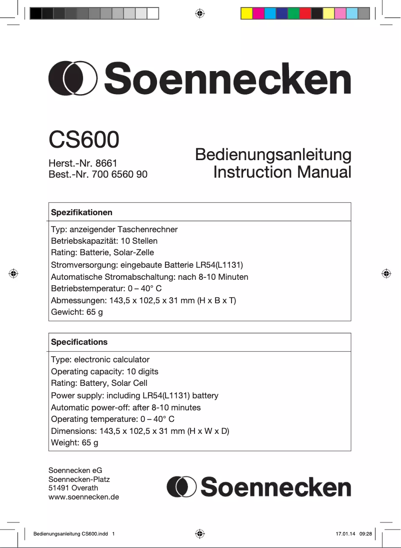 Page n°1 - Manuel utilisateur Soennecken CS900