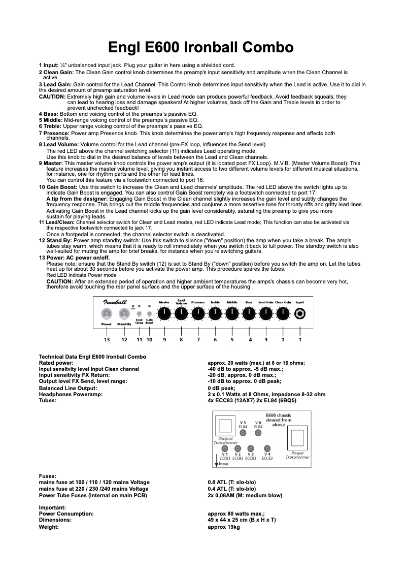 Page n°1 - Manuel utilisateur ENGL E600 Ironball Combo