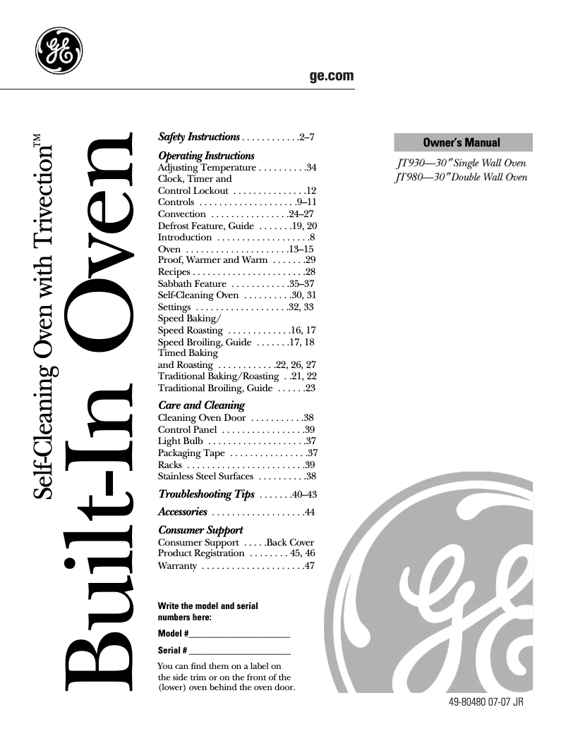 Page 1 de la notice Manuel d'utilisation et d'entretien GE JT930WHWW
