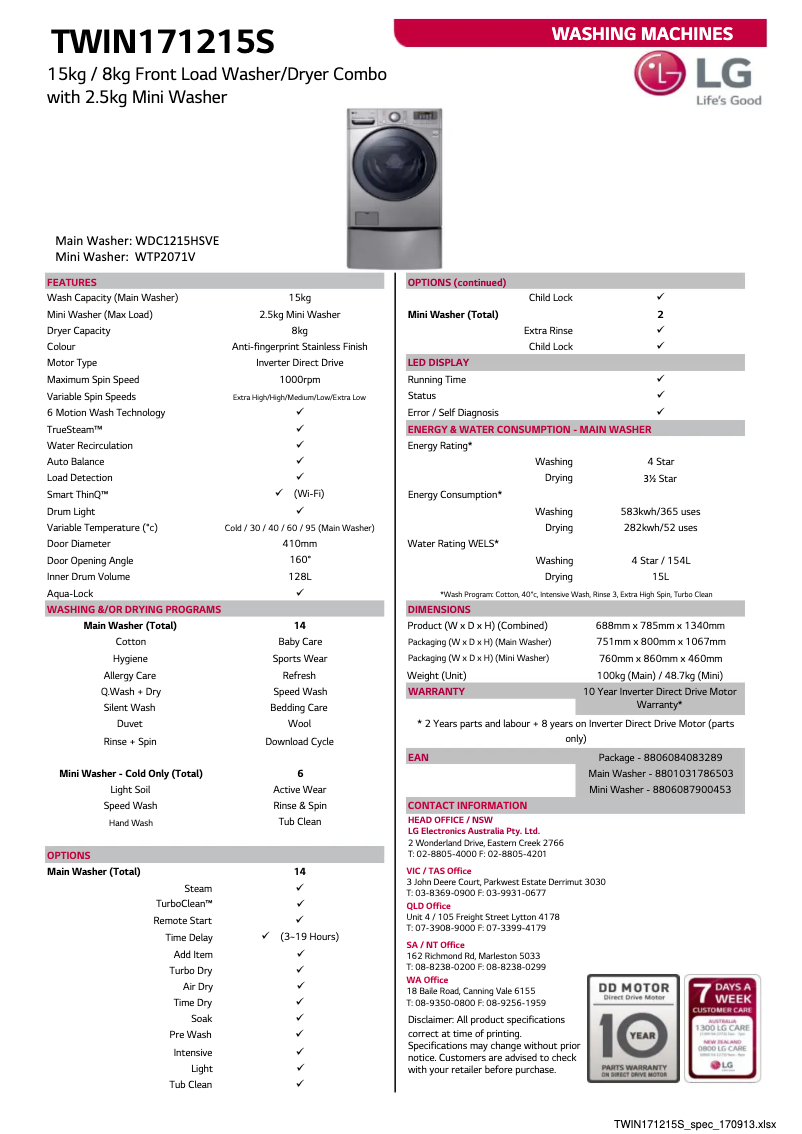 Page 1 of the manual Technical Sheet LG TWIN171215S