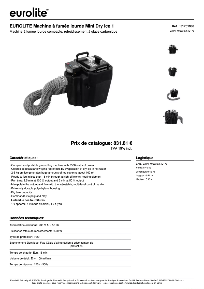 Page 1 de la notice Fiche technique Eurolite Mini Dry Ice 1