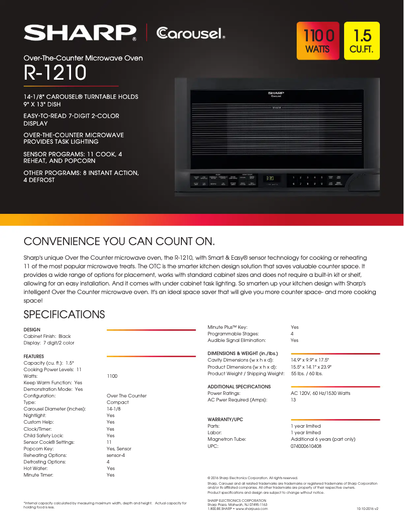 Page 1 de la notice Fiche technique Sharp R1210TY