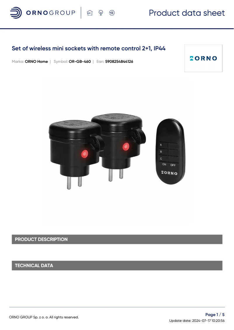 Page 1 de la notice Fiche technique ORNO OR-GB-460