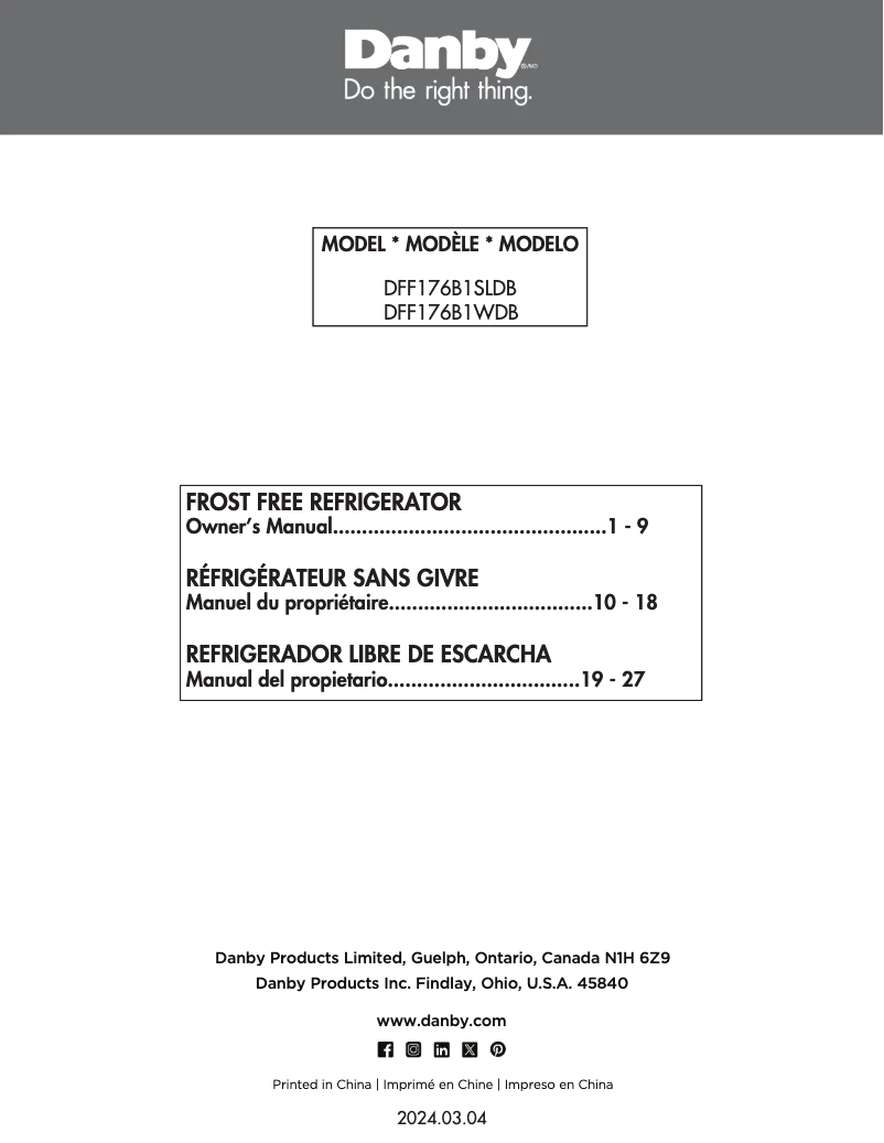 Page n°1 - Manuel utilisateur Danby DFF176B1SLDB