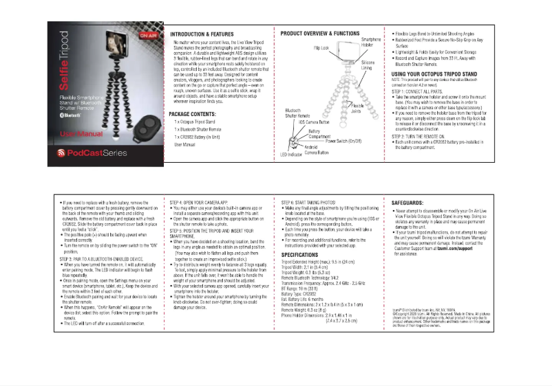 Page 1 de la notice Manuel utilisateur On Air Selfie Tripod
