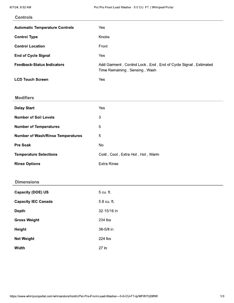 Page 1 de la notice Fiche technique Maytag MFW7020RW