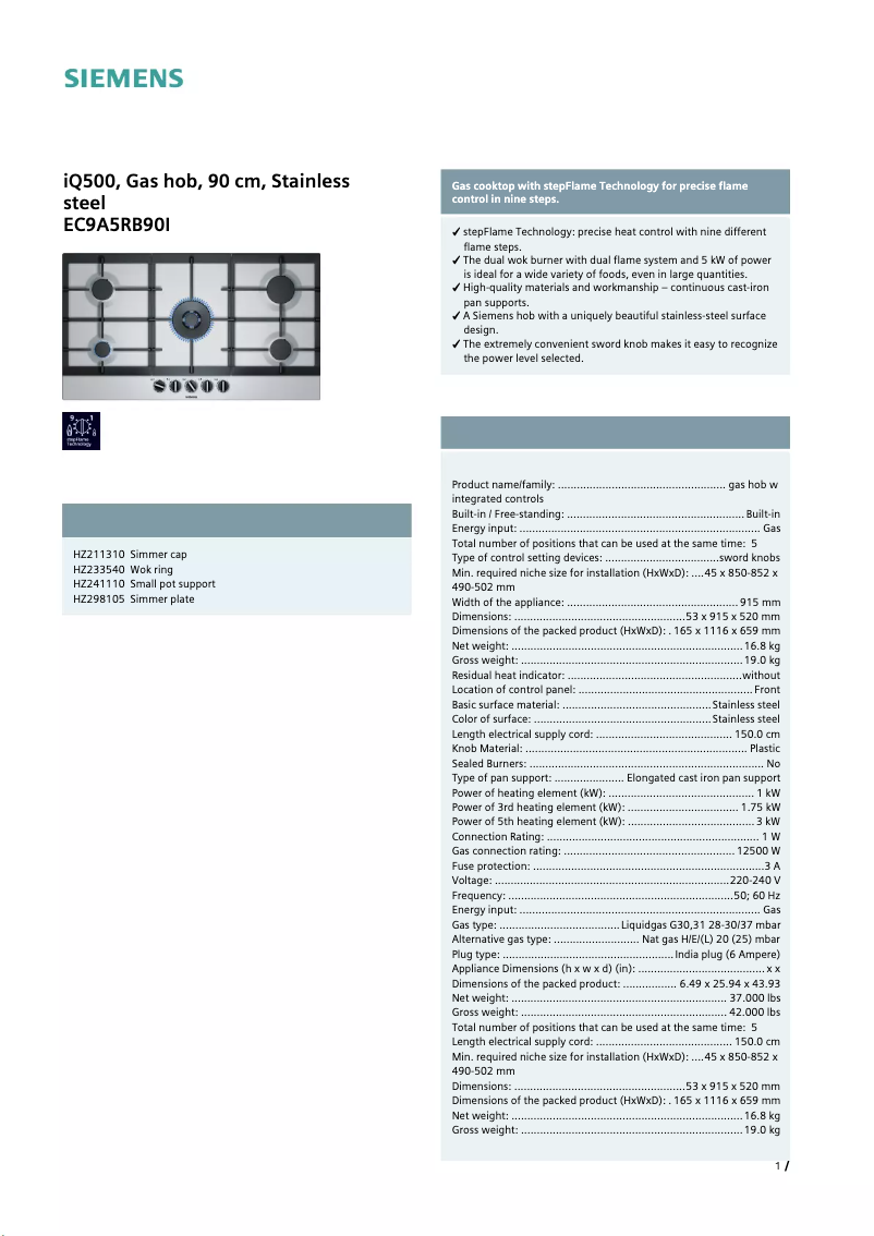 Page 1 de la notice Fiche technique Siemens EC9A5RB90I